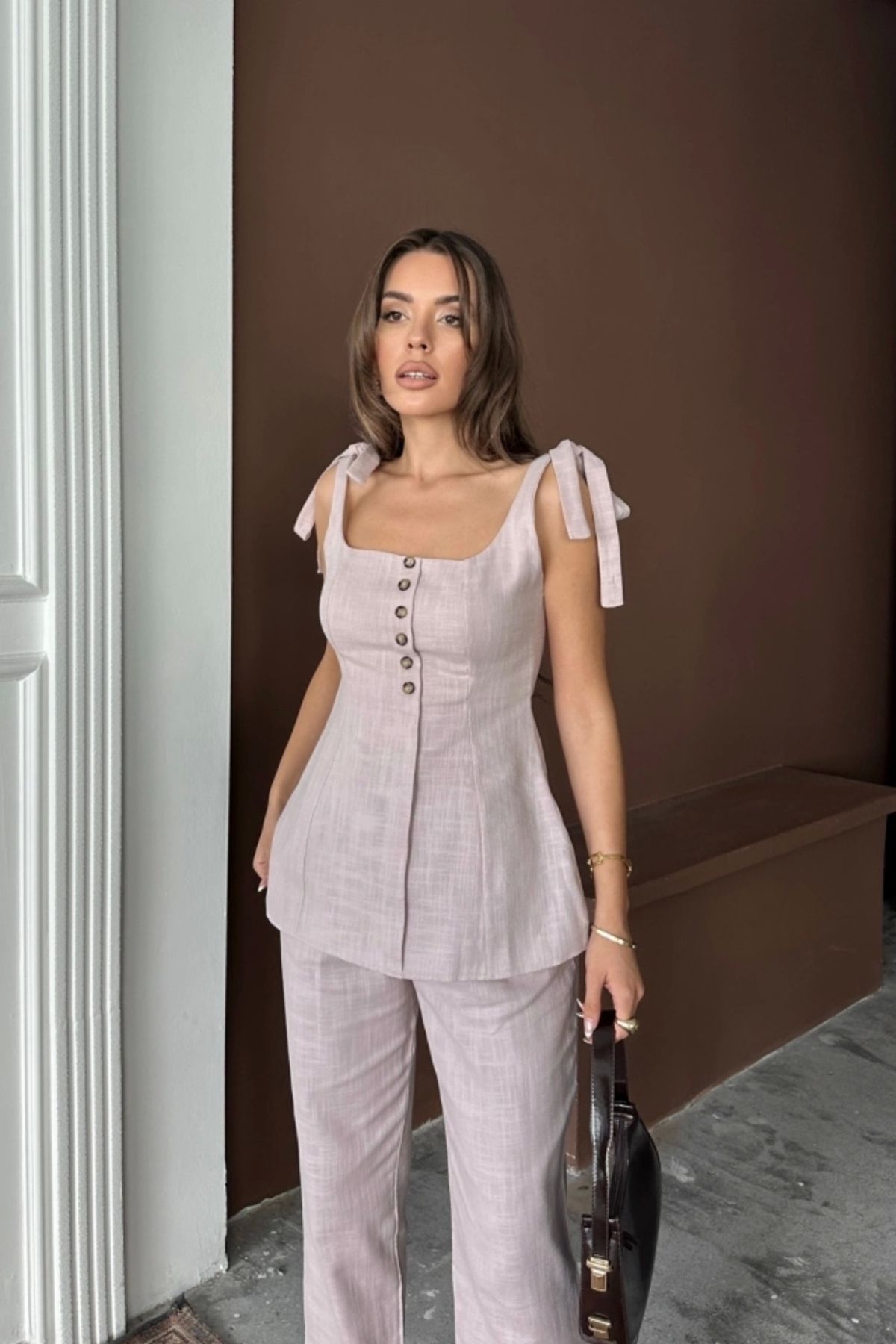 Butik ŞANTUK KETEN YELEK GÖRÜNÜMLÜ ASKILI BLUZ - PANTOLON TK - Lila