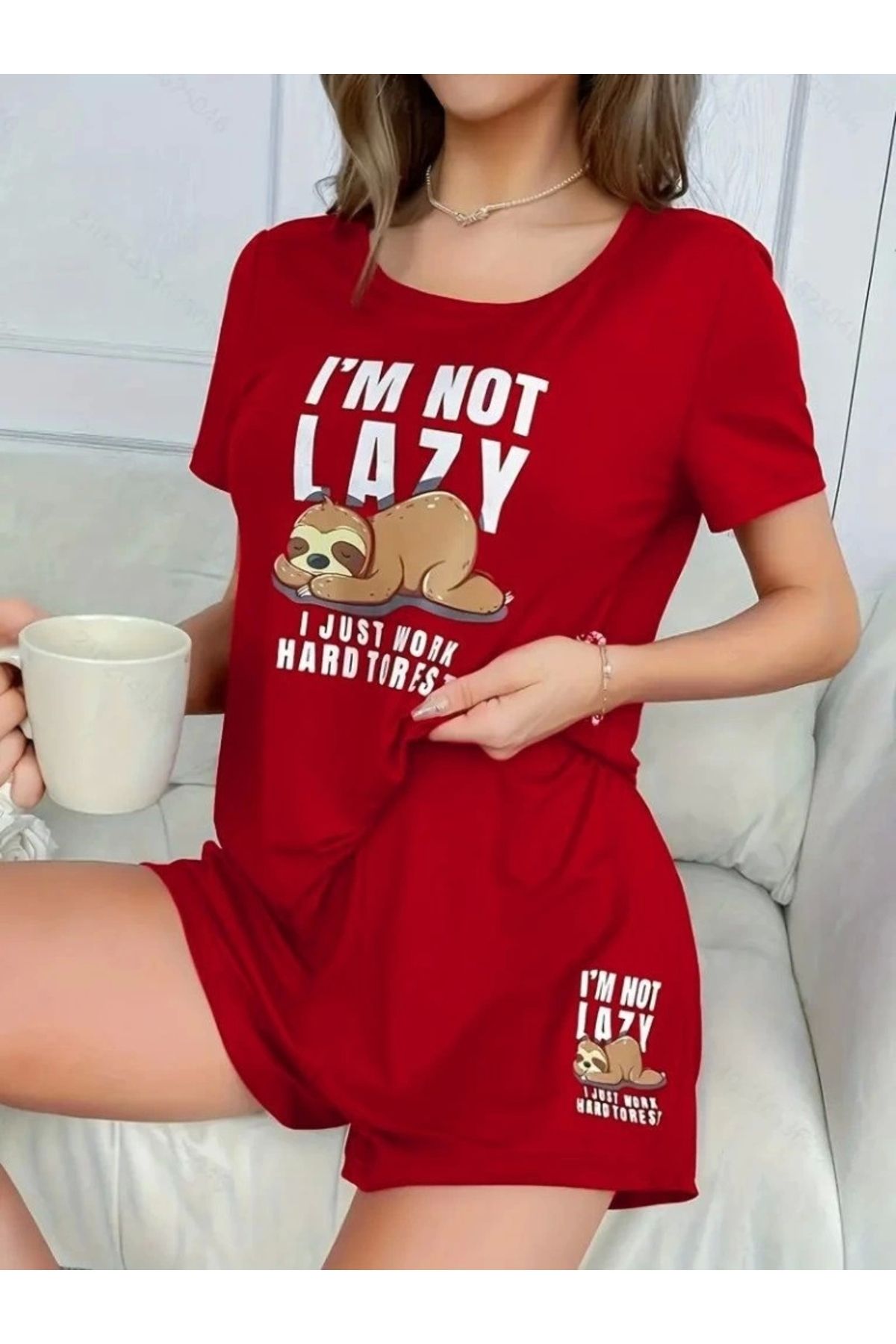 Butik Kadın Kısa Kollu Bisiklet Yaka Baskılı Viskon Bluz Ve şort Ikili Takım