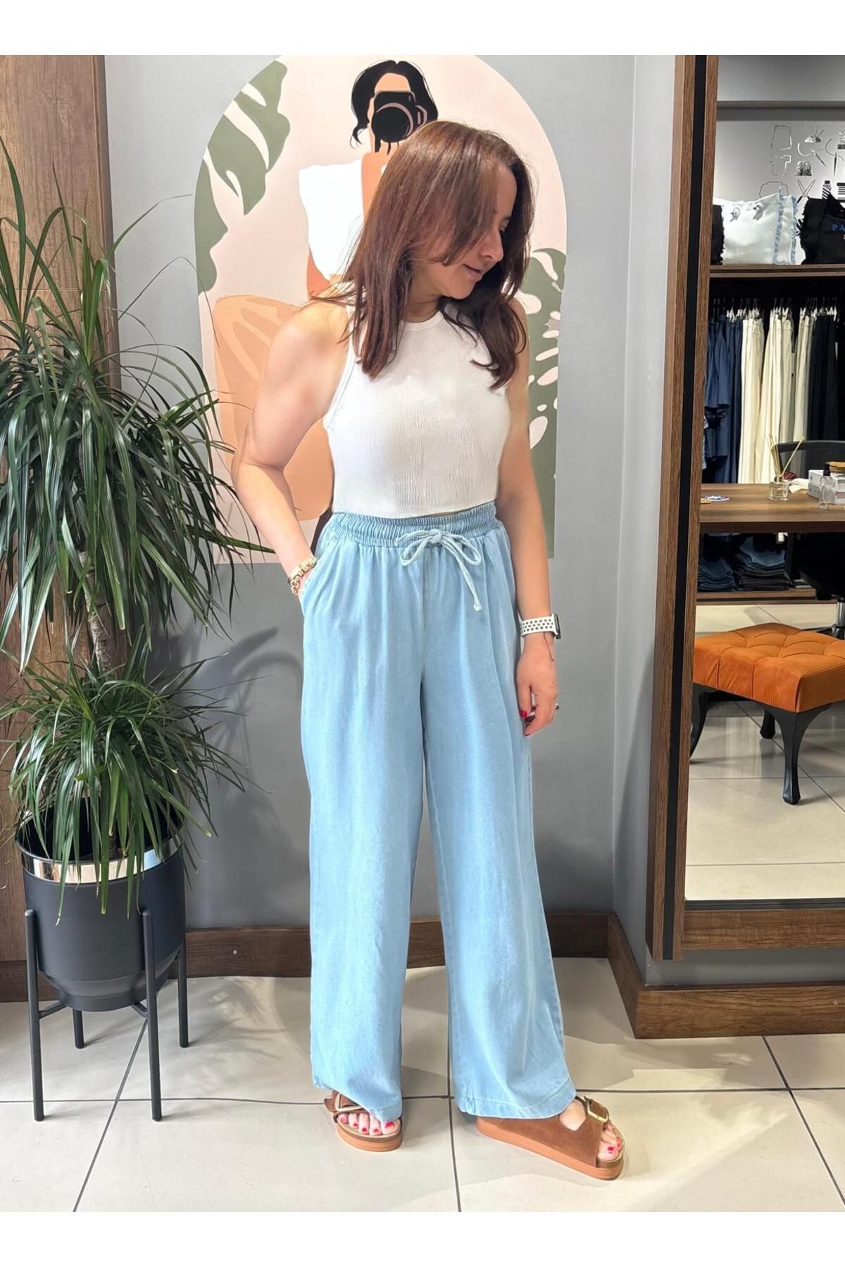 ARZU ÖZEL MODA ATÖLYESİ Beli Lastikli & Bağcıklı Yazlık İnce Kot Pantolon.