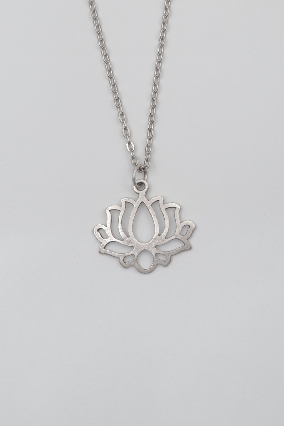 Bu Farklı Lotus Çiçeği Düz Ezme Zincir Kolye - Antik Gümüş Kaplama - Kadın Erkek - 60 cm