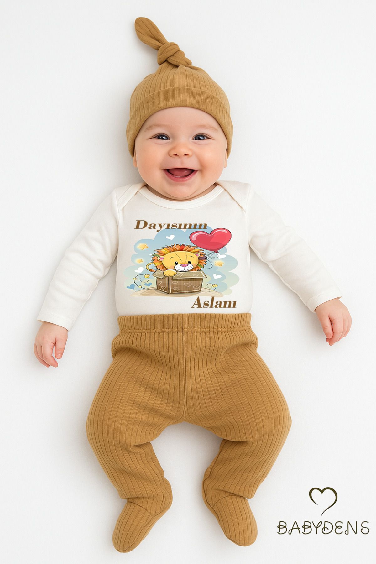 BABYDEN'S Dayısının Aslanı Baskılı 3’lü Bebek Takımı %100 Pamuklu Şapkalı Set Uzun Kol Çıtçıtlı Zıbın Şapka