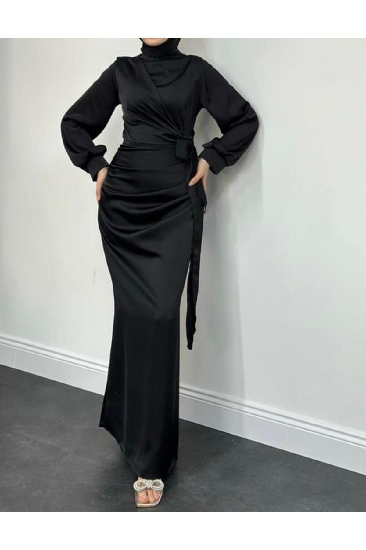 Raya Gym Drape Detaylı Balık Tesettür Saten Abiye