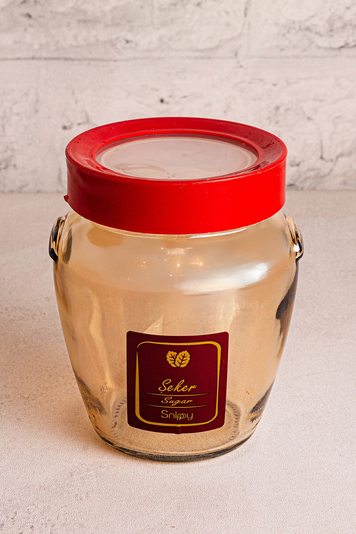 Snippy-Ruby Gold- Set of 6 Vacuumed Red Plastic Lids and Labeled Glass Spice Jar Storage Containers 580ml 7