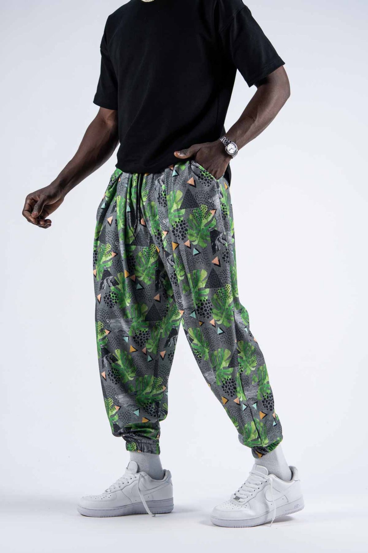 Superbluemexico Erkek Desenli Jogger Yeşil Şalvar Pantolon
