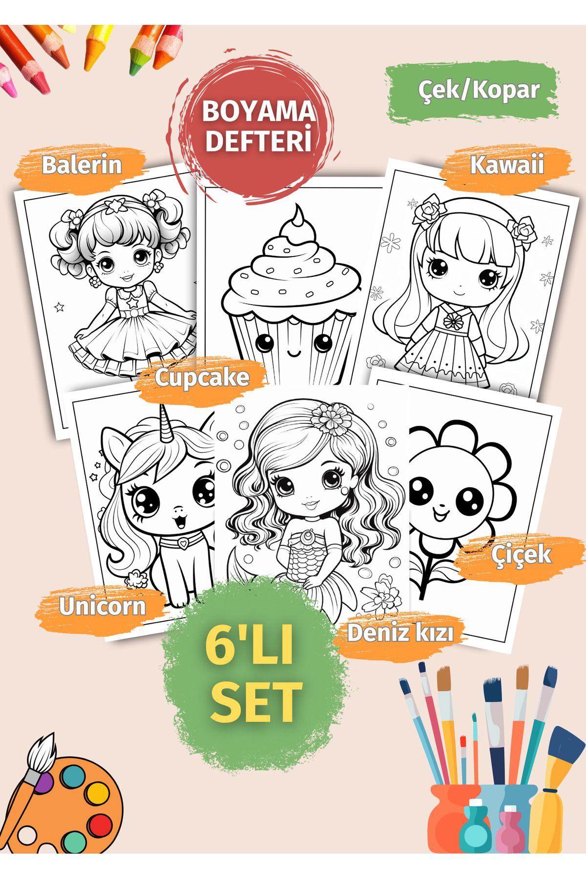 VORACRAFT 6'lı Tatlı Boyama Defteri Çek/Kopar Boyama Kitabı Set AL001