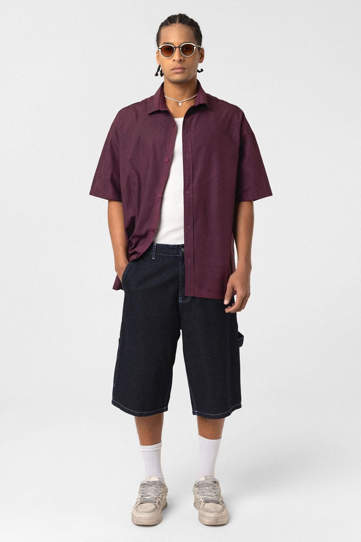 VAMOSCLO Oversize Yıkamalı Poplin Gömlek Bordo