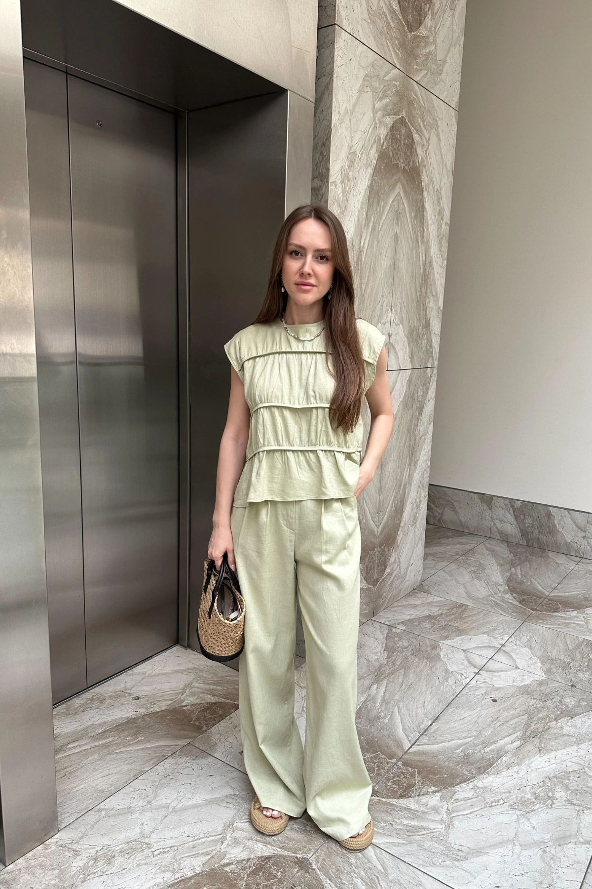 JaMolls büzgülü pinterest model sıfır kol tasarım bluz bol paça palazzo pantolon ikili ham keten takım