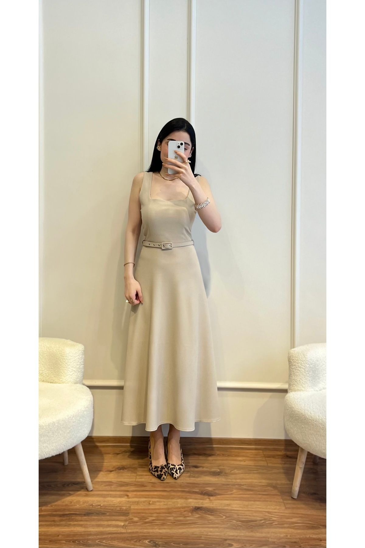 Zims Butik Kare Yaka Kemerli Marka Model Elbise