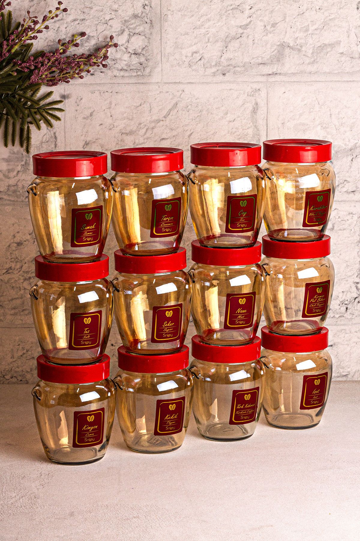 Snippy Ruby Gold- 12'li Vakumlu Kırmızı Plastik Kapaklı Etiketli Cam Baharatlık Saklama Kabı Seti 580ml