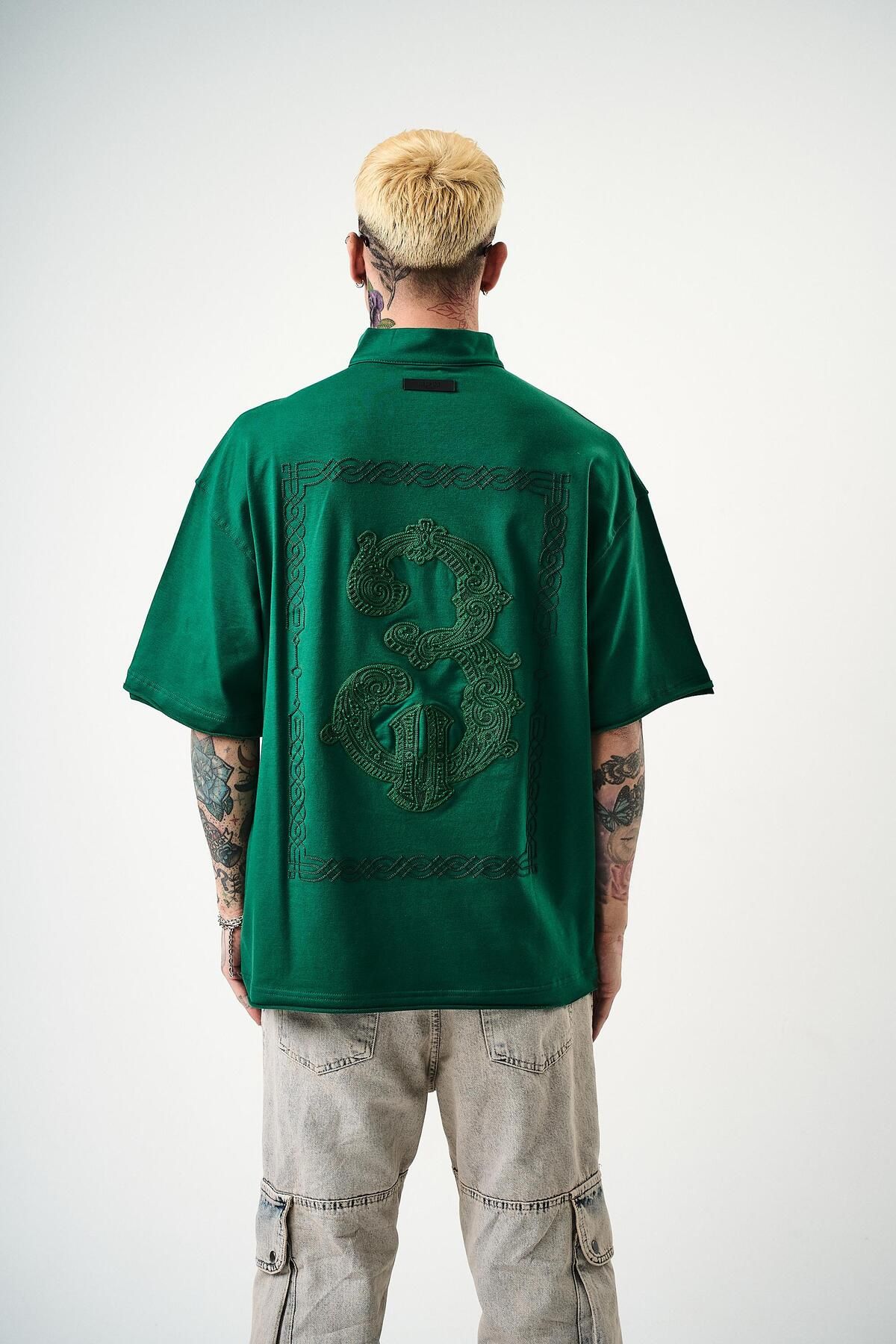 Respire Erkek 3 Nakışlı Yarım Fermuarlı Oversize T-Shirt Nefti
