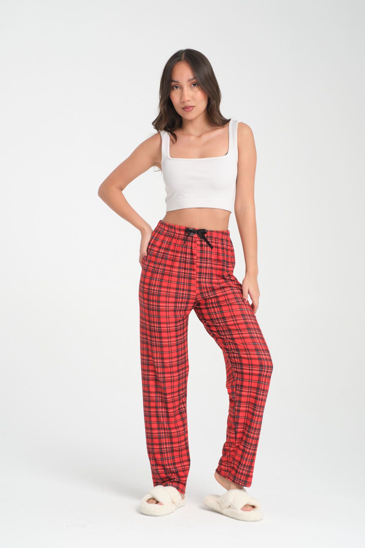 epixx giyim Kırmızı Ekose Desenli Kadın Pijama Altı
