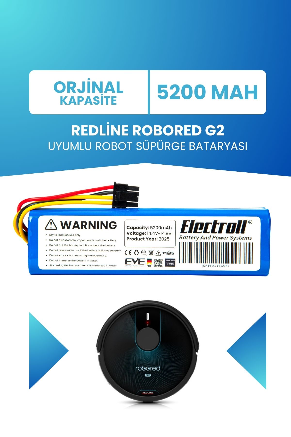 ELECTROLL Redline Robored G2 Uyumlu Batarya (STANDART KAPASİTE) 5200mah Robot Süpürge Bataryası