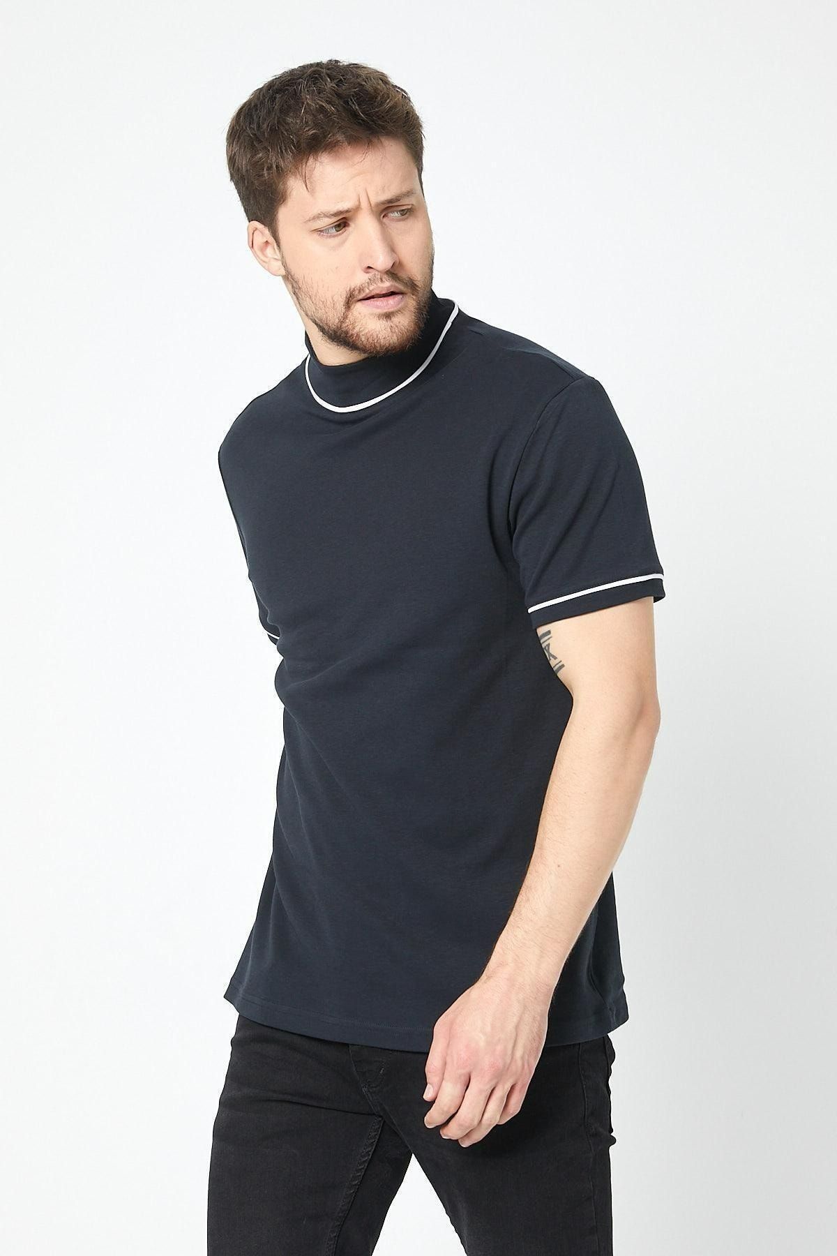 EKİNORA Boyun Çizgili T-shirt Lacivert