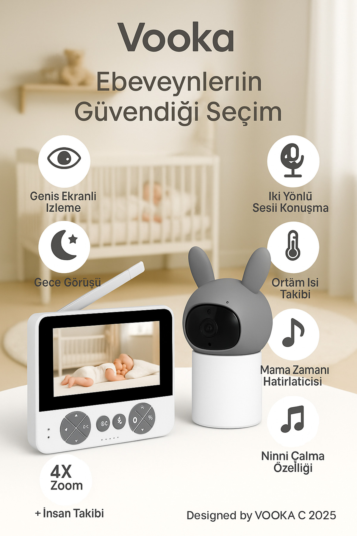 MO DOU Yeni Nesil Uzaktan Kontrollü Bebek Kamerası – Gece Görüşlü, Sesli Konuşmalı, Isı Takipli, Ninnili fotoğrafı 7 (önizleme)