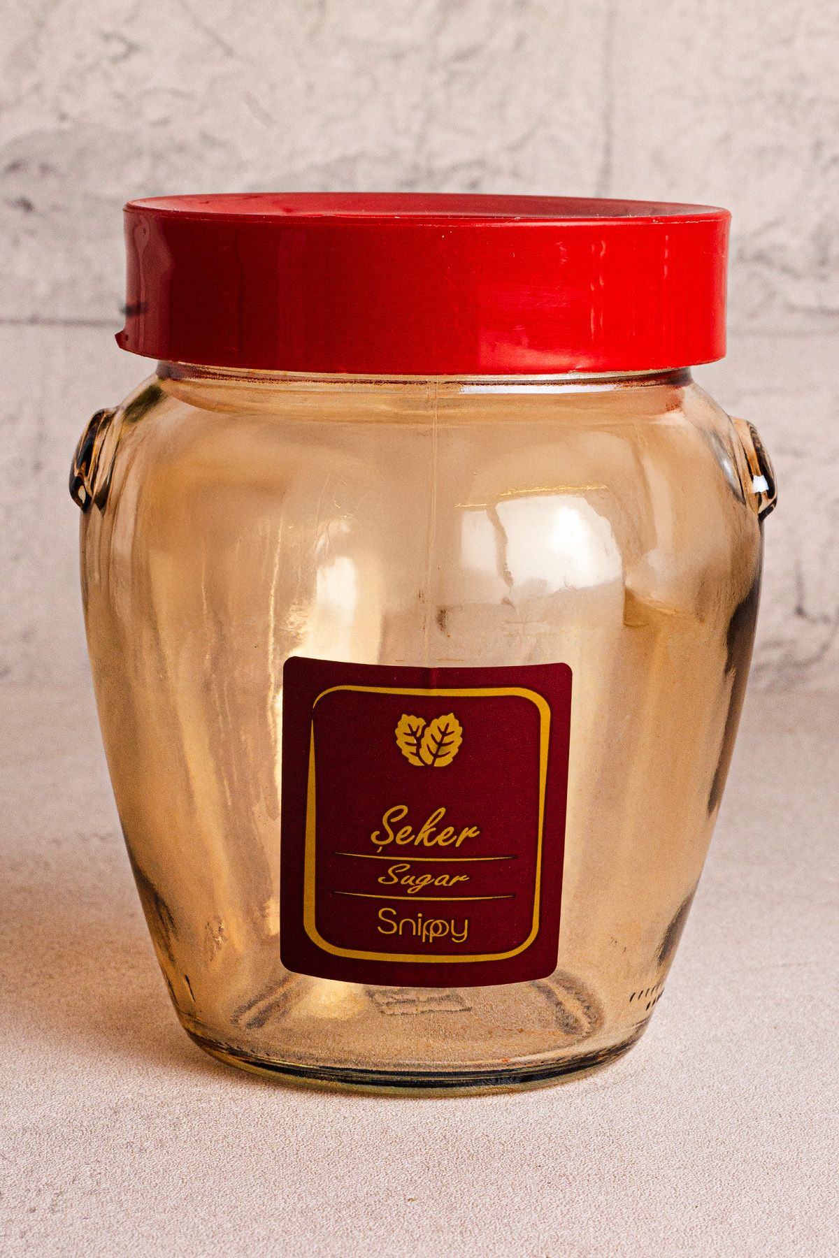 Snippy-Ruby Gold- Set of 6 Vacuumed Red Plastic Lids and Labeled Glass Spice Jar Storage Containers 580ml 5