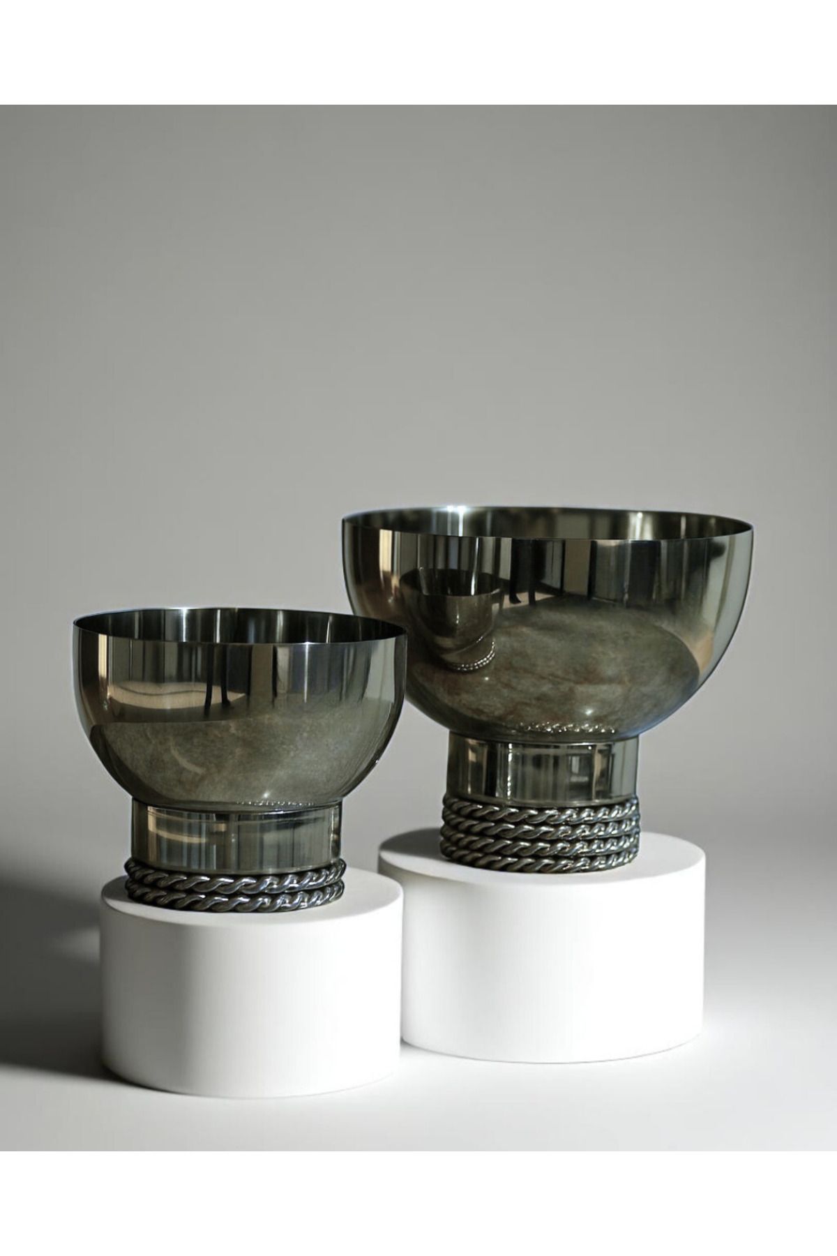 Modelce Zincir Tabanlı Metal Dekoratif Kase 2'li Set – Silver - Paslanmaz Çelik