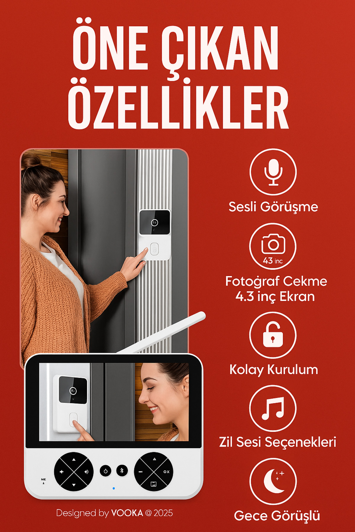 MO DOU Ekranlı Görüntülü Kapı Zili – 4.3” Monitör, Gece Görüşlü, Sesli Görüşme, Şarjlı, Taşınabilir fotoğrafı 5 (önizleme)