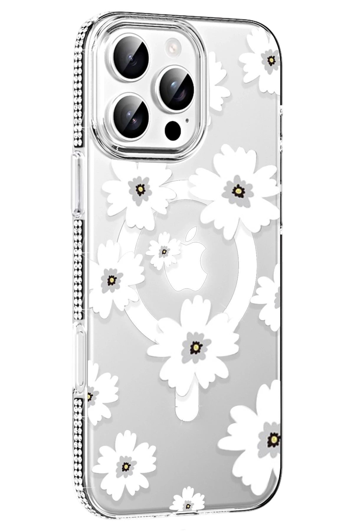 bbtech iPhone 16 Pro Max MagSafe Uyumlu Sert Kılıf – Şeffaf, Çiçek Desenli, Elmas Taşlı