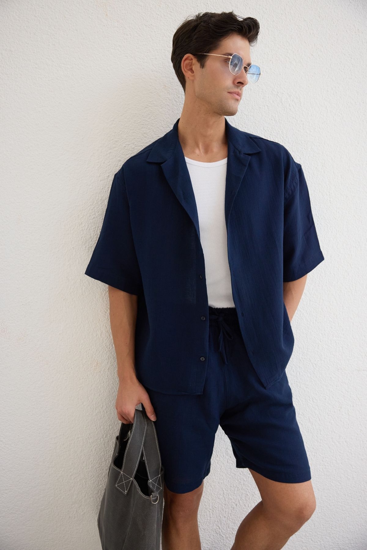 Livio Ferri Xar Erkek Oversize Müslin Şort Gömlek Takım %100 Pamuk Soft Feel
