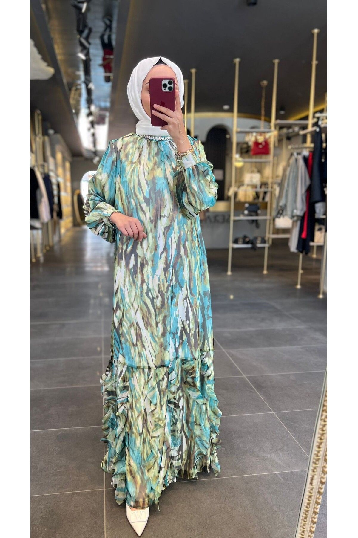 SERAP ESER EXCLUSIVE ORHAN GİYİM- YAKASI TAŞ DETAYLI RENKLİ ELBİSE
