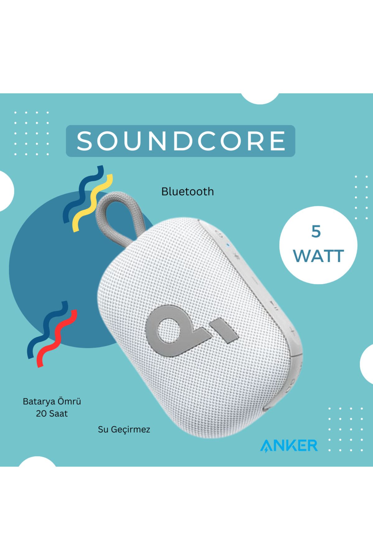 Anker Su Geçirmez ,Batarya Ömrü 20 saat TWS Beyaz Bluetooth Hoparlör
