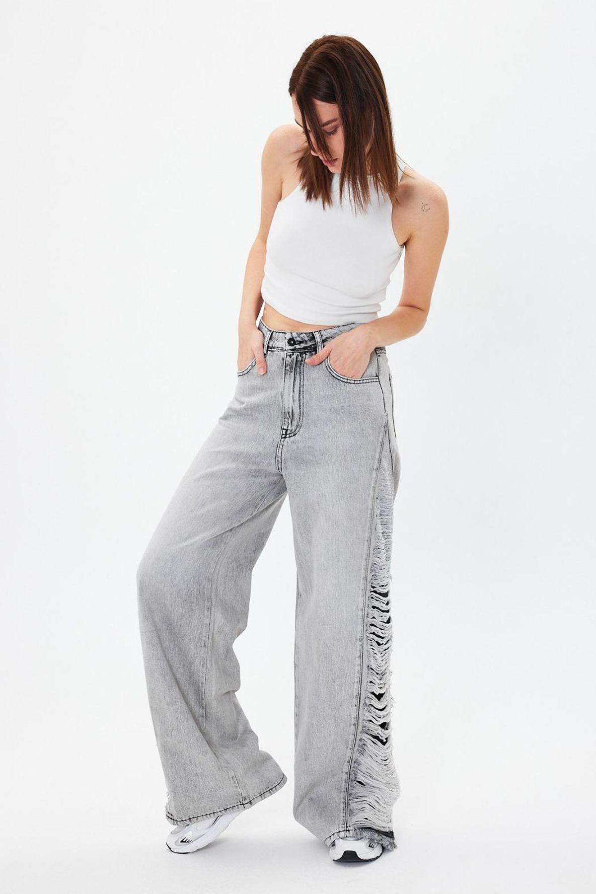 Jijass Jeans Pamuklu Yırtık Detaylı Kot Pantolon