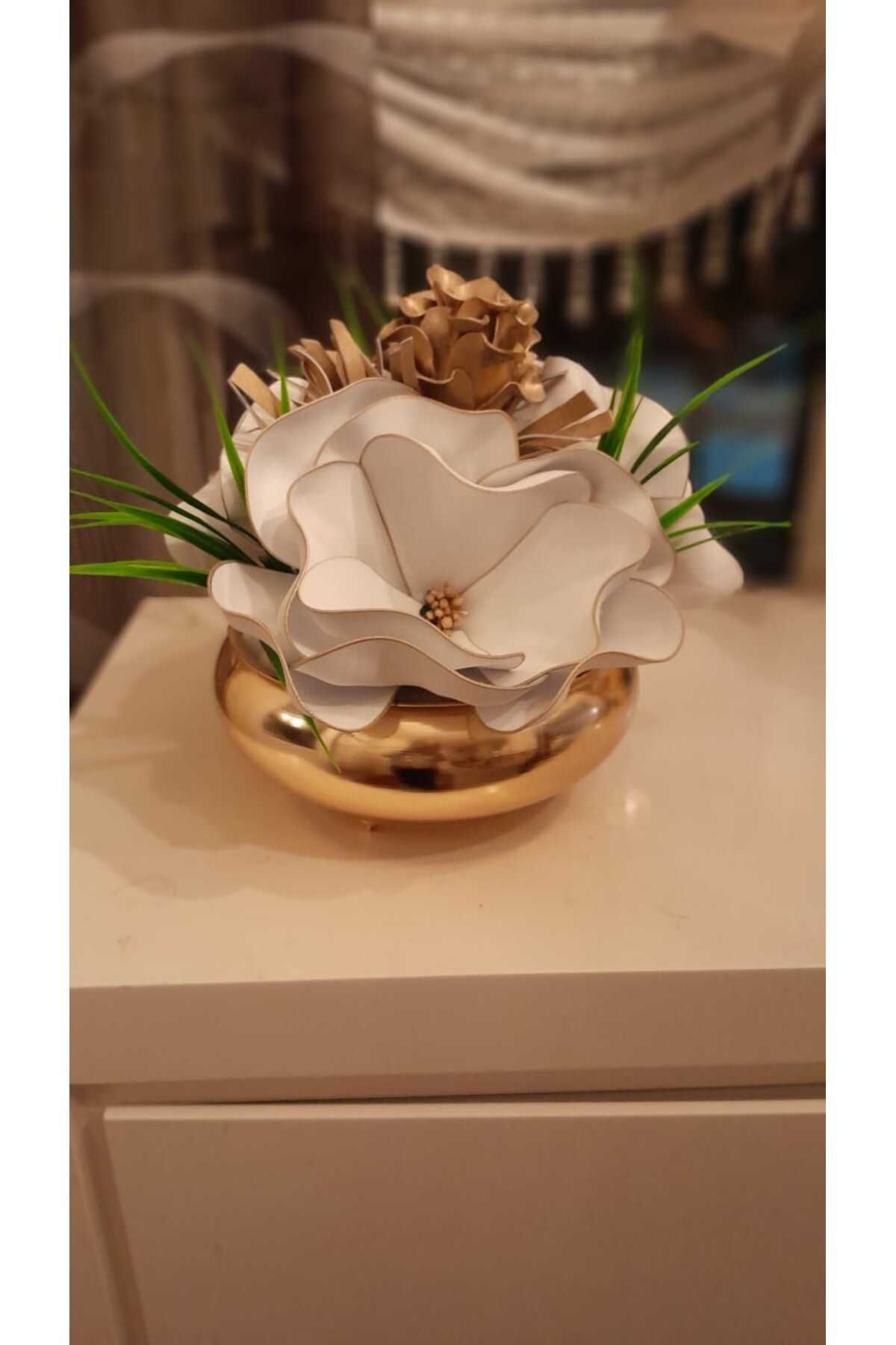 Hatem dekor flower Yapay çiçek gold ufo metal vazoda latex çiçek ler ile aranje edilmiştir hediye lik dekoratif ürün
