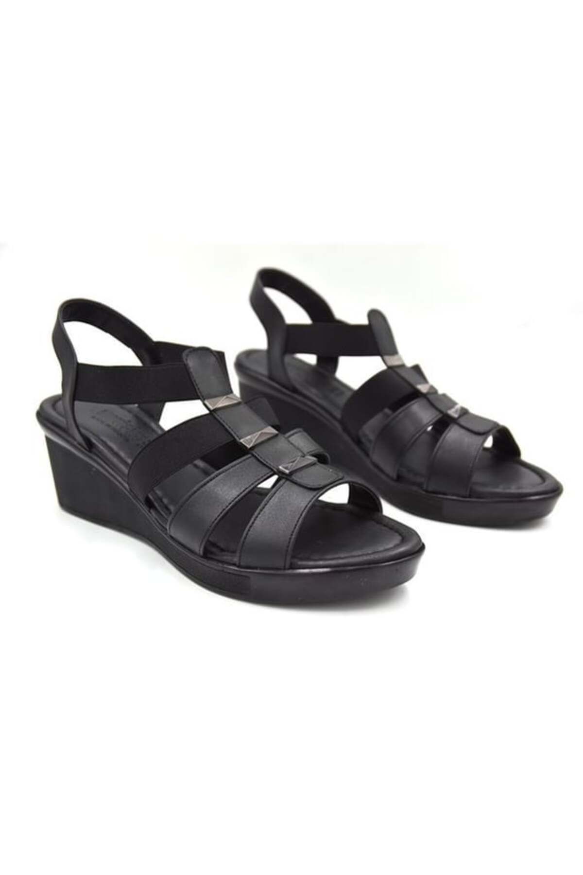 KİNDEP Kindep Shoes Poli Hafif Taban Lastikli Doldu Topuklu Kadın Sandalet SİYAH