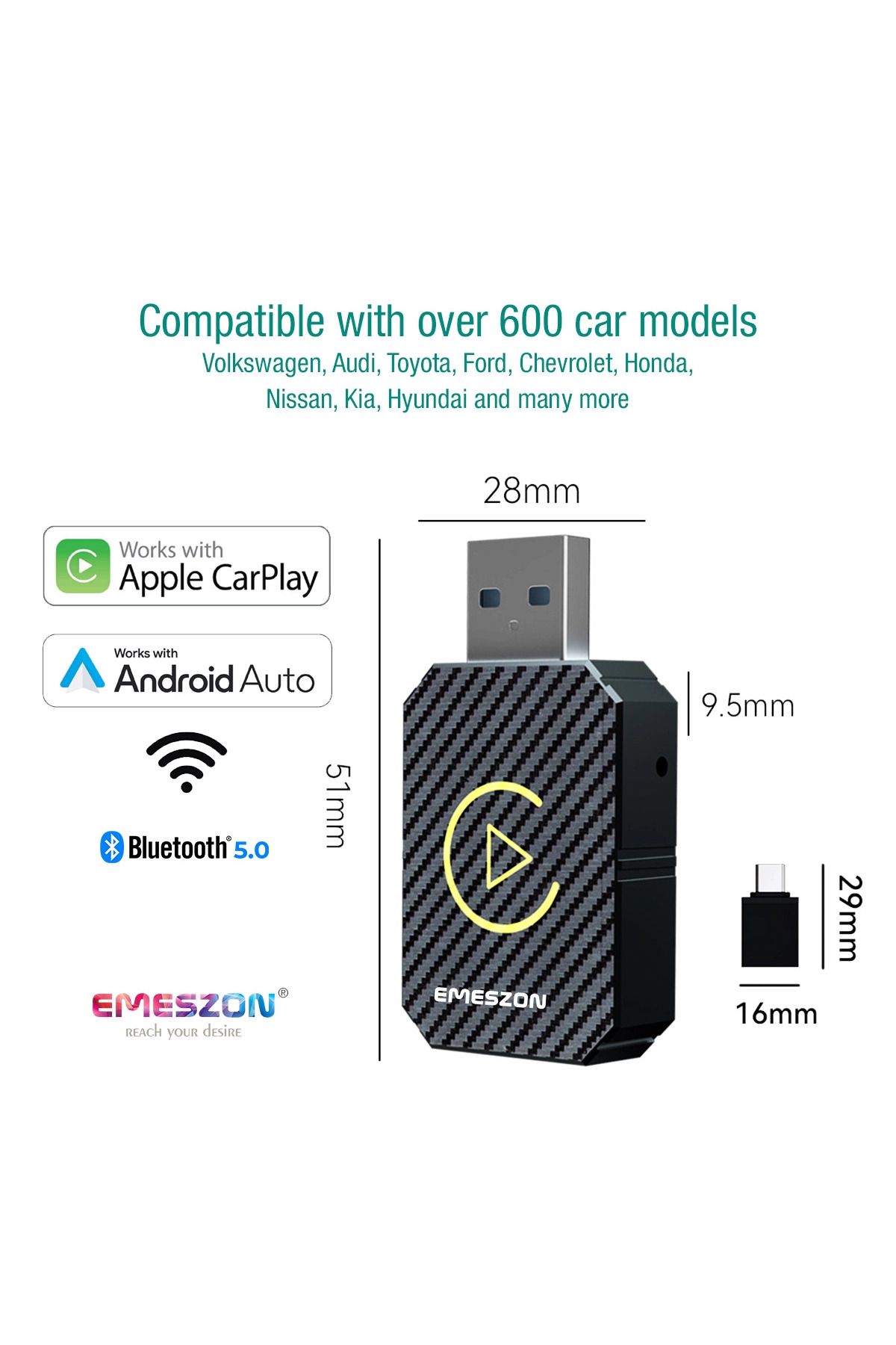 EMESZON-Adaptor auto wireless CarPlay Android Auto, EMESZON® FC1, USB Tip-C, Wifi 5.8GHz, Bluetooth 5, negru 6