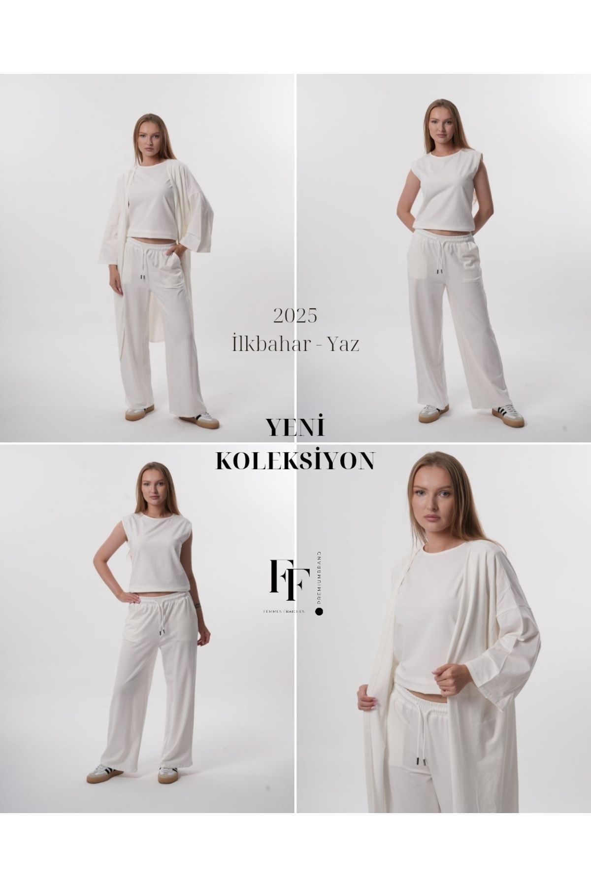 femmes fraiches Femmes Luna Beyaz Set ( Jogger Pantolon + Sıfır Kol T-shirt + Midi Kimono )