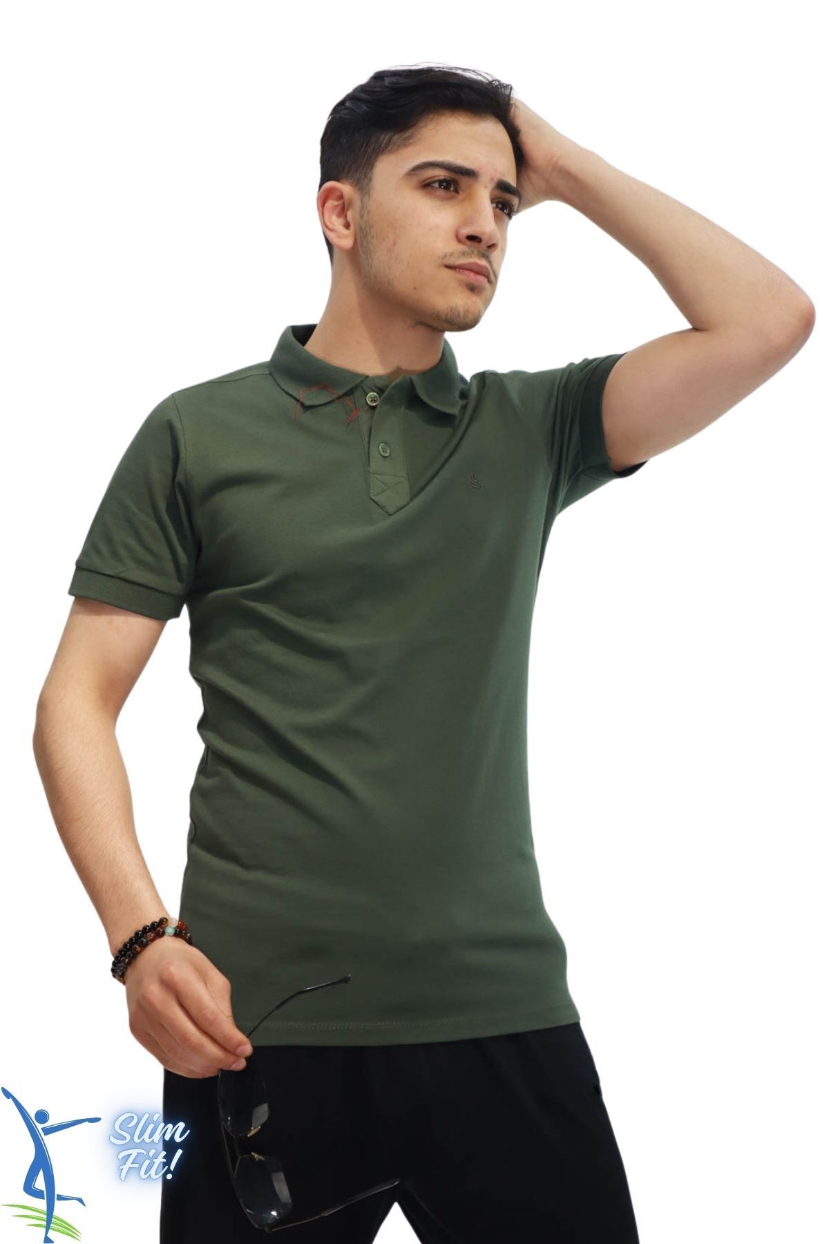 sermoda Erkek Slim Fit Dar Kesim Pamuklu Yumuşak Doku Nefes Alan Kumaş Kıvrılmaz Yaka Haki Polo Yaka Tişört