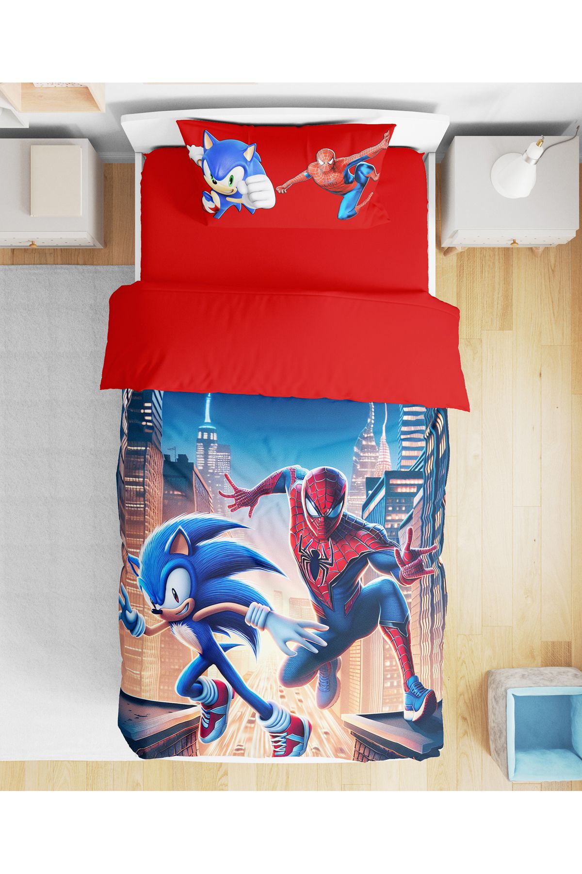 Erays Home Spiderman & Sonic 3D Dijital Baskılı Tek Kişilik Çarşafsız Nevresim Takımı