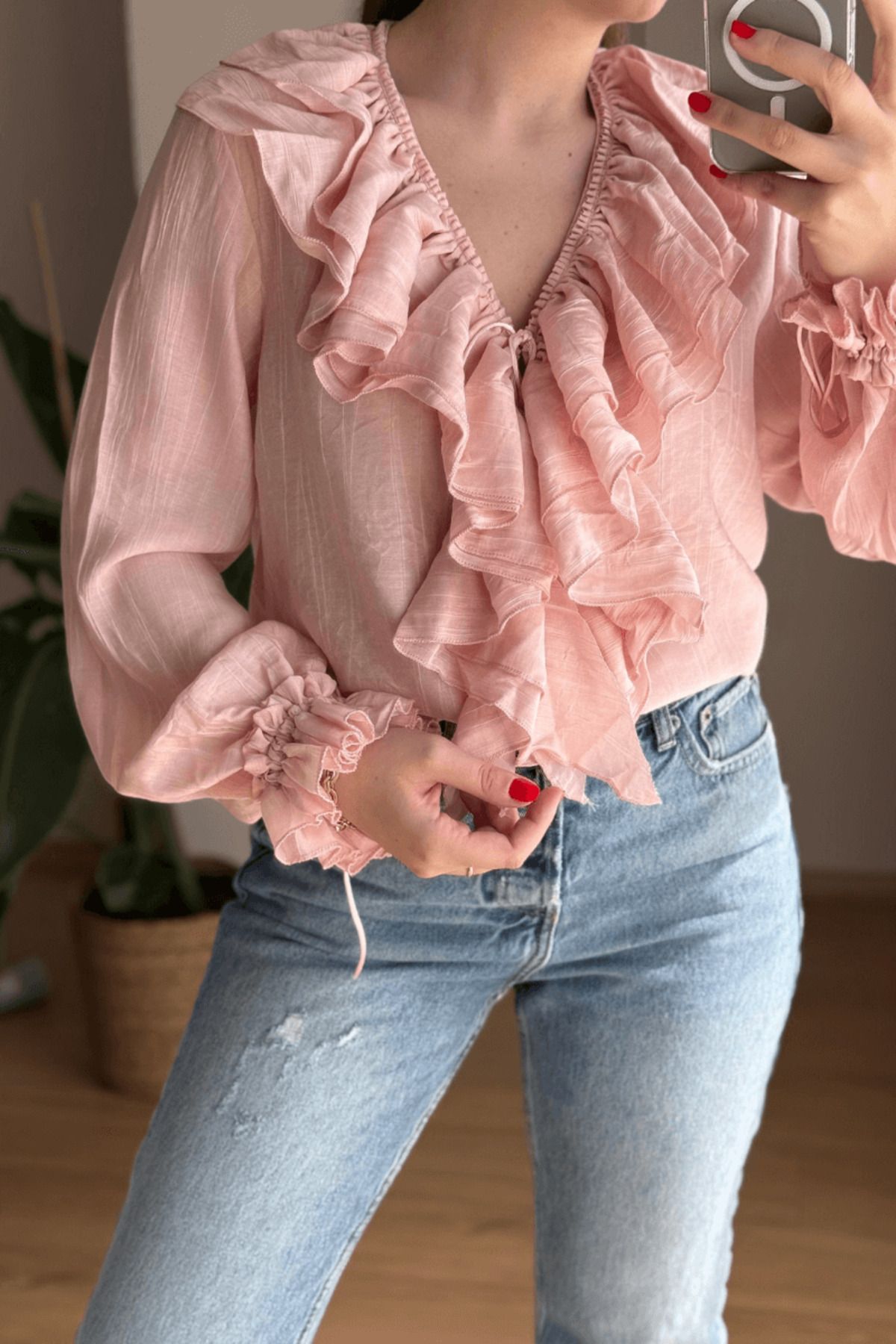 SEHOCO BUTİK Pembe Fırfırlı İsveç Gömlek
