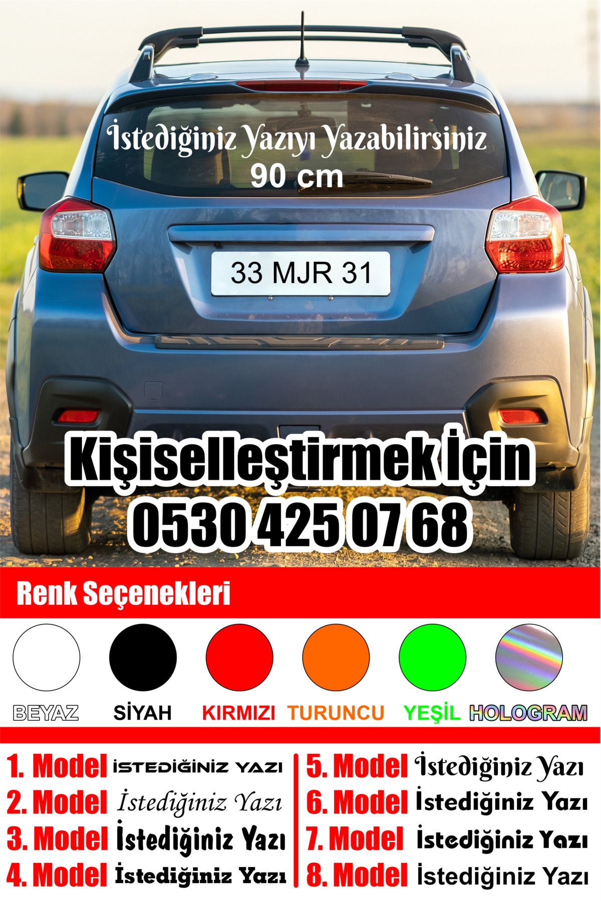 MS Major Selection Kişiye Özel Araç Arkası Cam Yazı Sticker 90 cm - Siyah Beyaz Hologram Kırmızı Renk Seçenekli