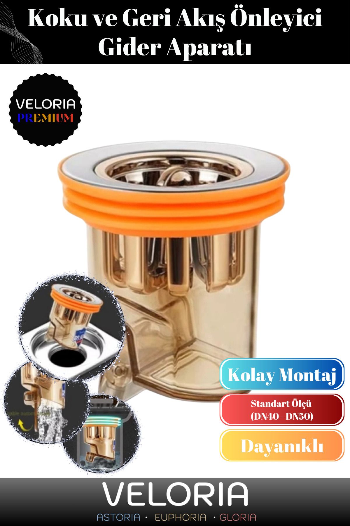 Veloria Premium Seri Standart DN40-DN50 Borularıyla Uyumlu Banyo Koku Geri Akış Önleyici Gider Aparatı