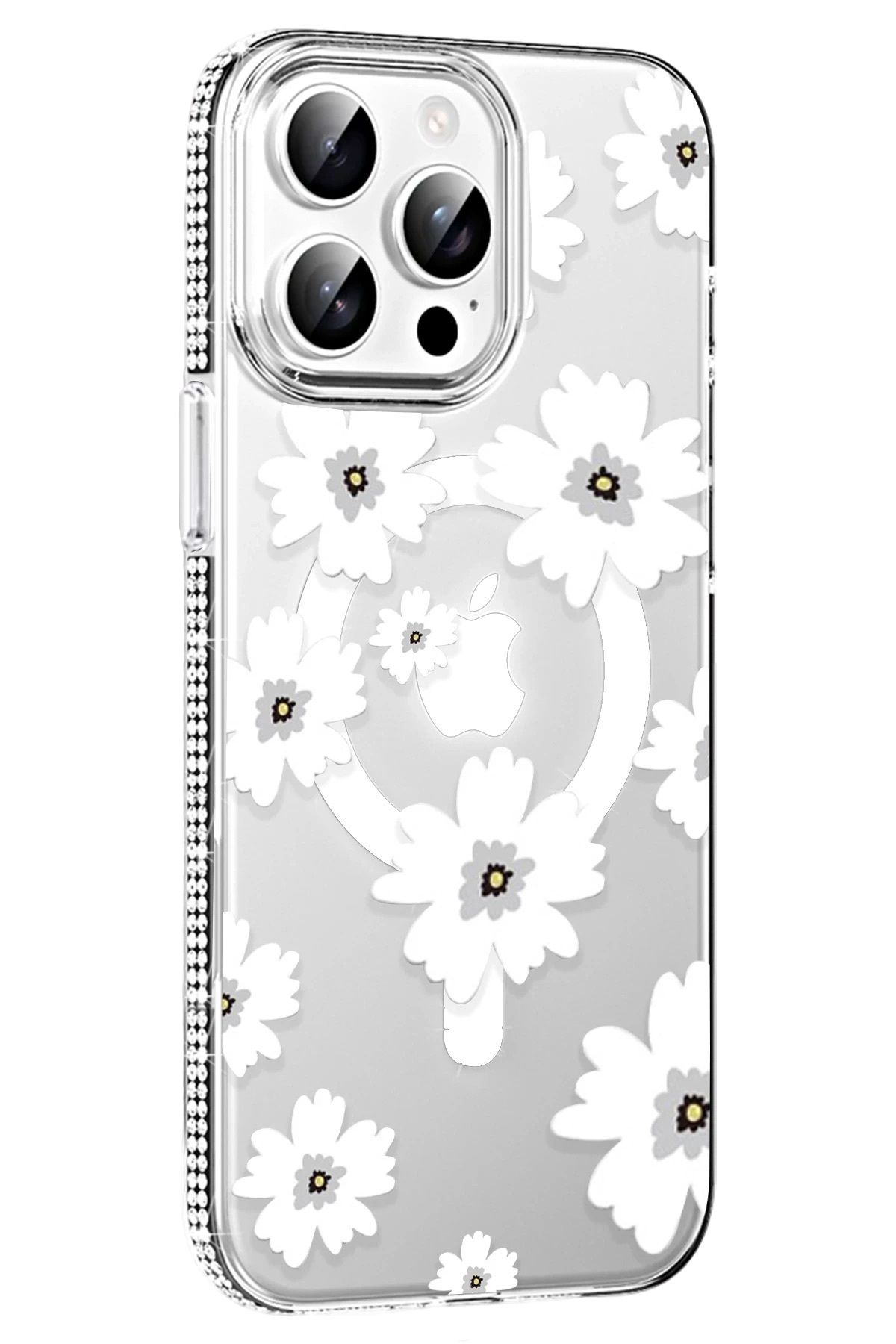 bbtech iPhone 14 Pro Max MagSafe Uyumlu Sert Kılıf – Şeffaf, Çiçek Desenli, Elmas Taşlı