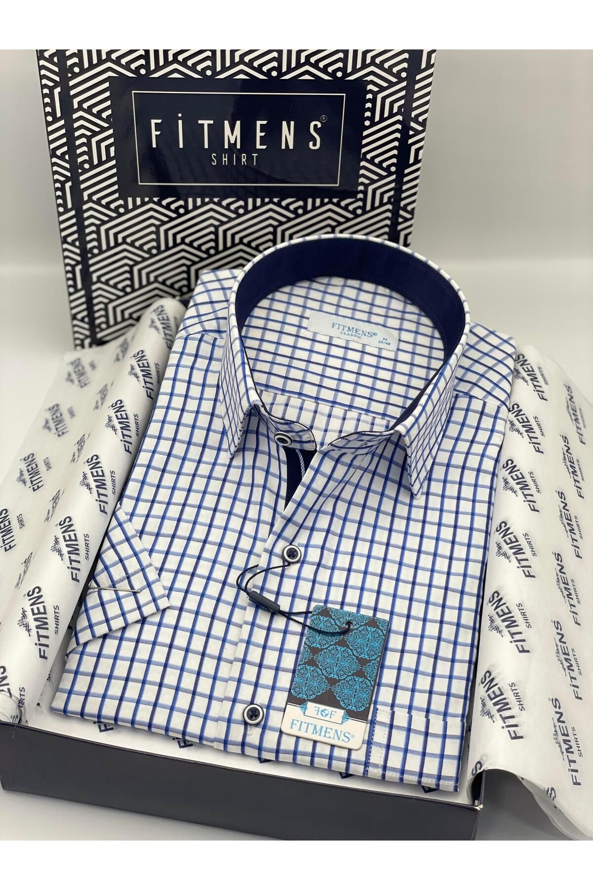 Fitmens Klasik Kısa Kol Kareli Hediye Kutulu Erkek Gömlek FS-004156 - Beyaz Saks Mavi