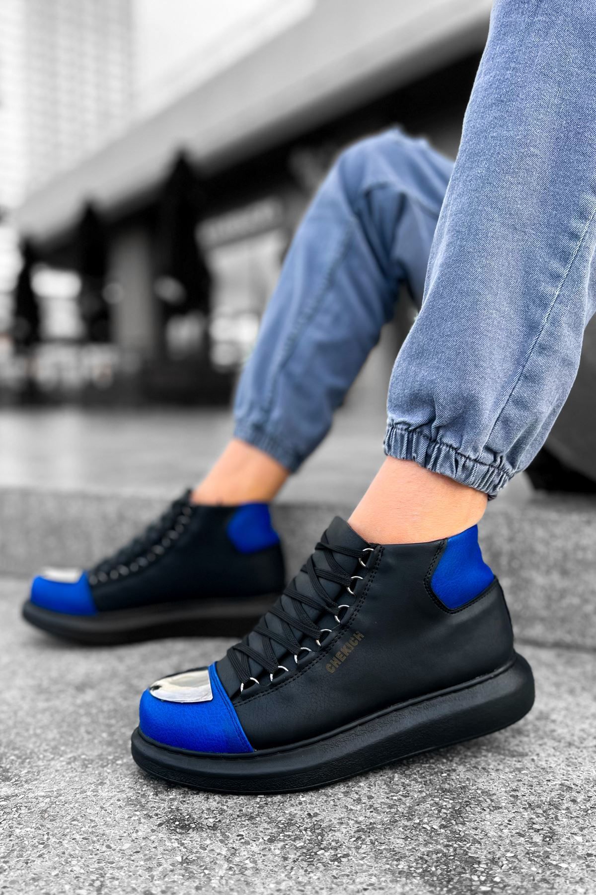 devrialemshoes CH267 GST Roma Mirror Erkek Bot SIYAH/SAX MAVI
