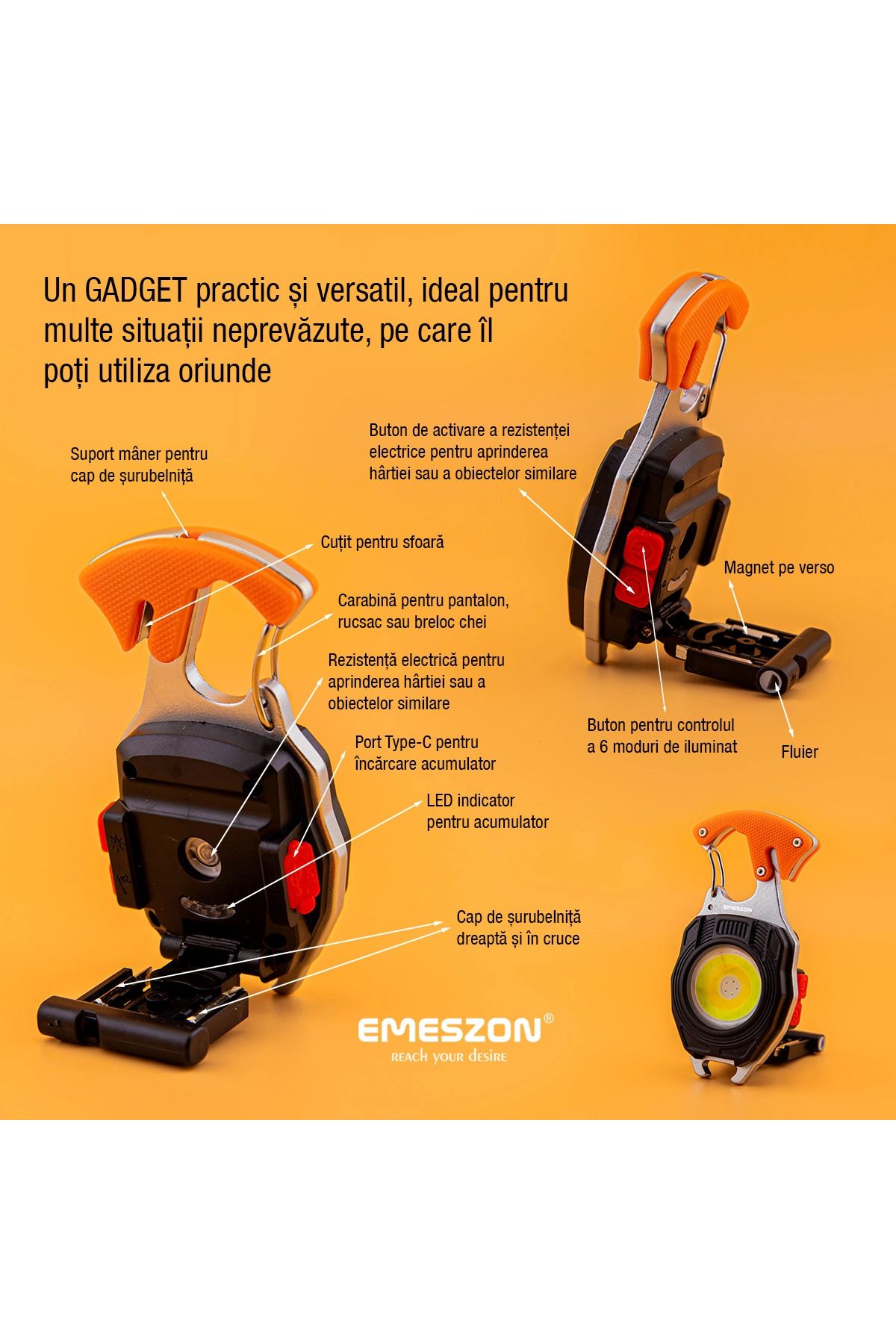 EMESZON-Lanternă COB LED 40W, tip gadget EMESZON® CRW5147, 6 moduri de iluminare, kit de supraviețuire tip breloc, portocaliu 11