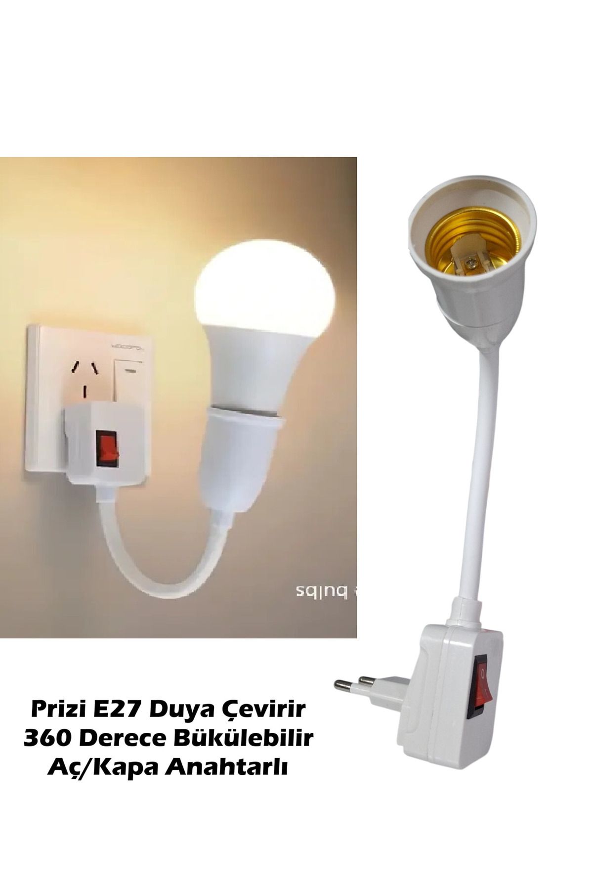Vwin Prizi E27 Duya Dönüştürücü 360 C° Esnek Bükülebilir Duy Aç/Kapa Anahtarlı