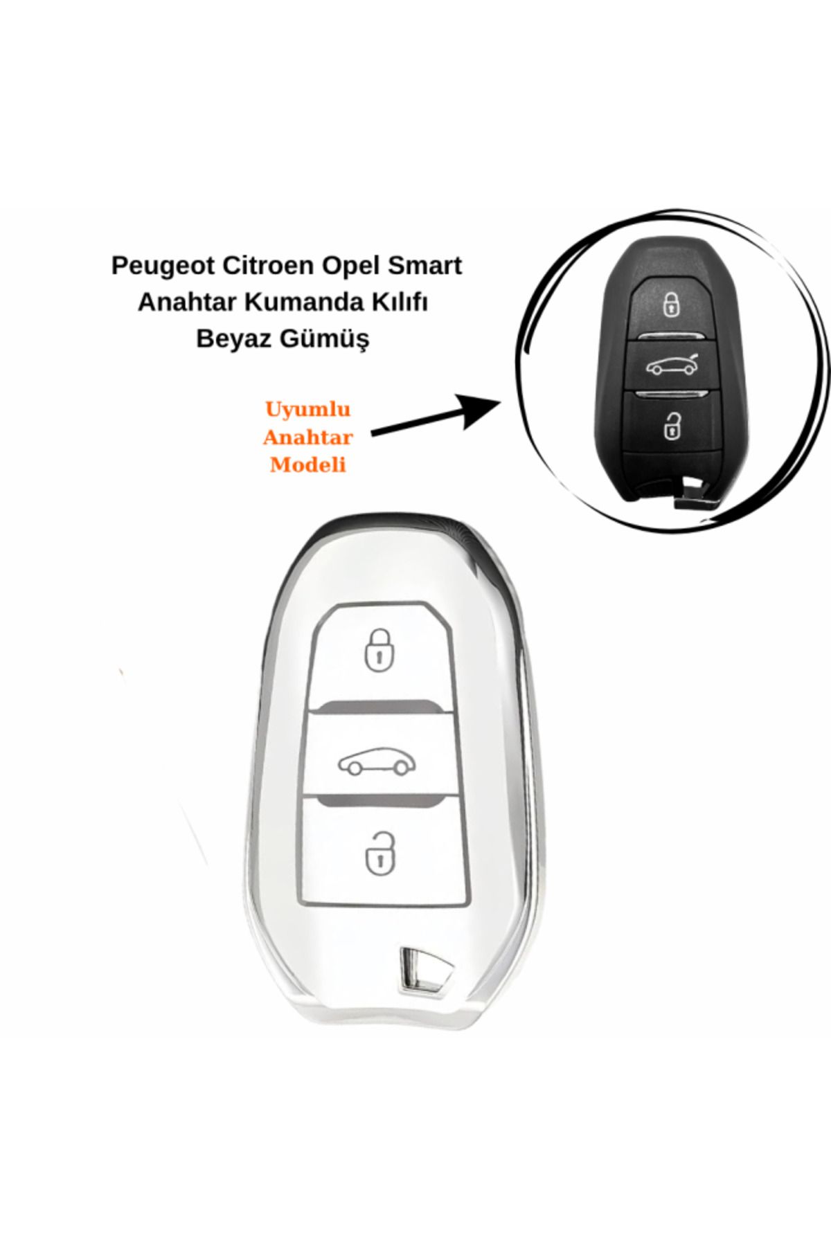 maxisepet Peugeot 508 Smart Anahtar Kumanda Kılıfı Beyaz Gümüş Nano Silikon