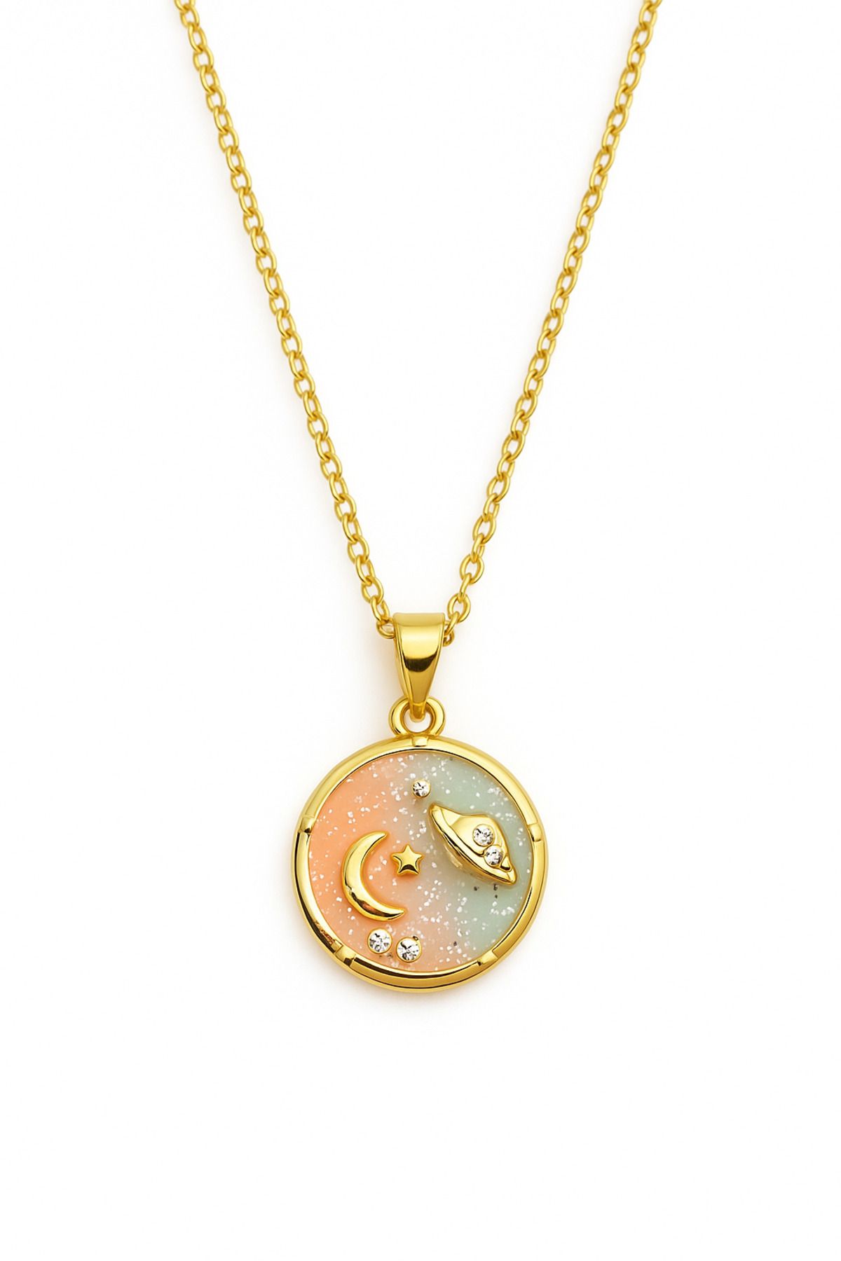 MakeWell Hilal Gezegen Tasarımlı Paslanmaz Zirkon Taşlı Çelik Gold Renkli Kolye