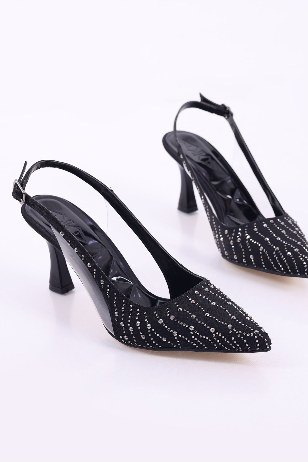 SHOESSHOPS Gümüş Taşlı Arkası Açık Kadın Abiye Topuklu Ayakkabı