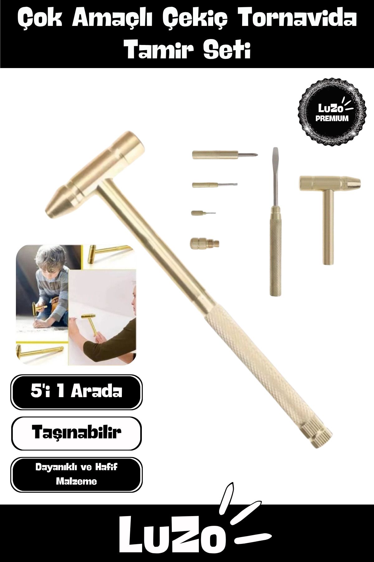 LuZo Premium Seri Ergonomik Pratik Çok Amaçlı Kullanışlı Ev İş Araba 5 in 1 Çekiç Tornavida Tamir Seti