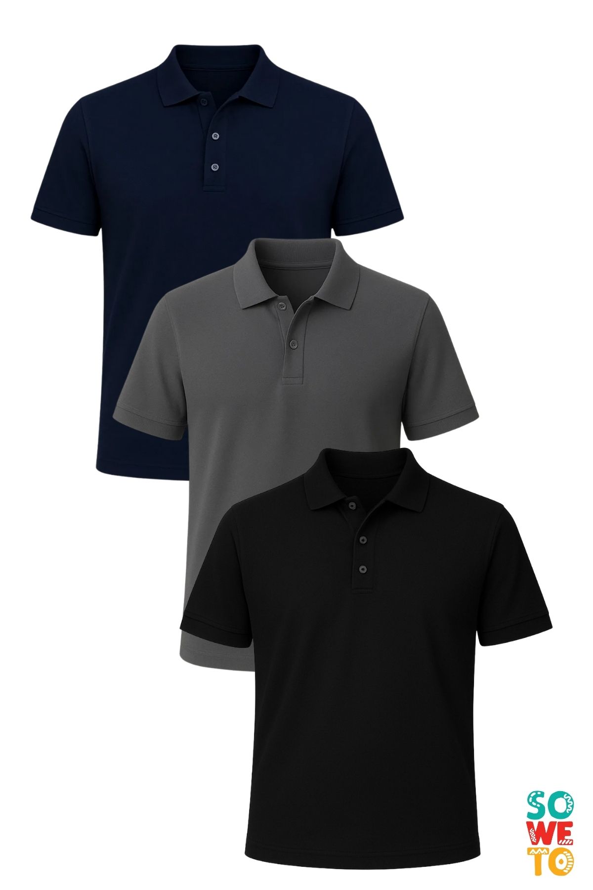Soweto Erkek Düğmeli Kısa Kol Regular Fit %100 Pamuklu Polo Yaka 3'lü Basic T-Shirt