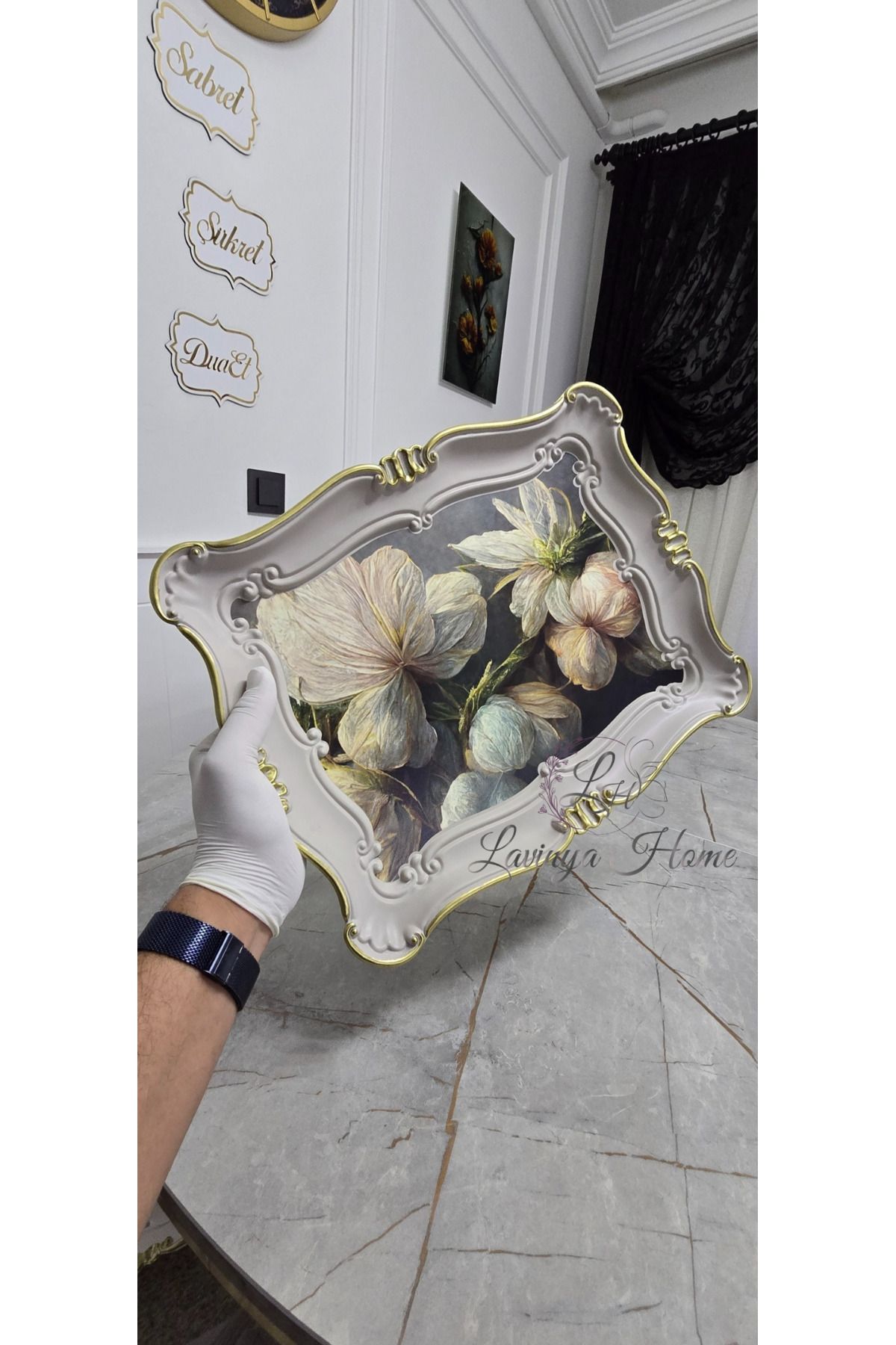 TEPSİCİM Sultan Tepsi Bej Gold Çizgili Çiçek Desenli Dekoratif Sert Plastik 42x33 cm