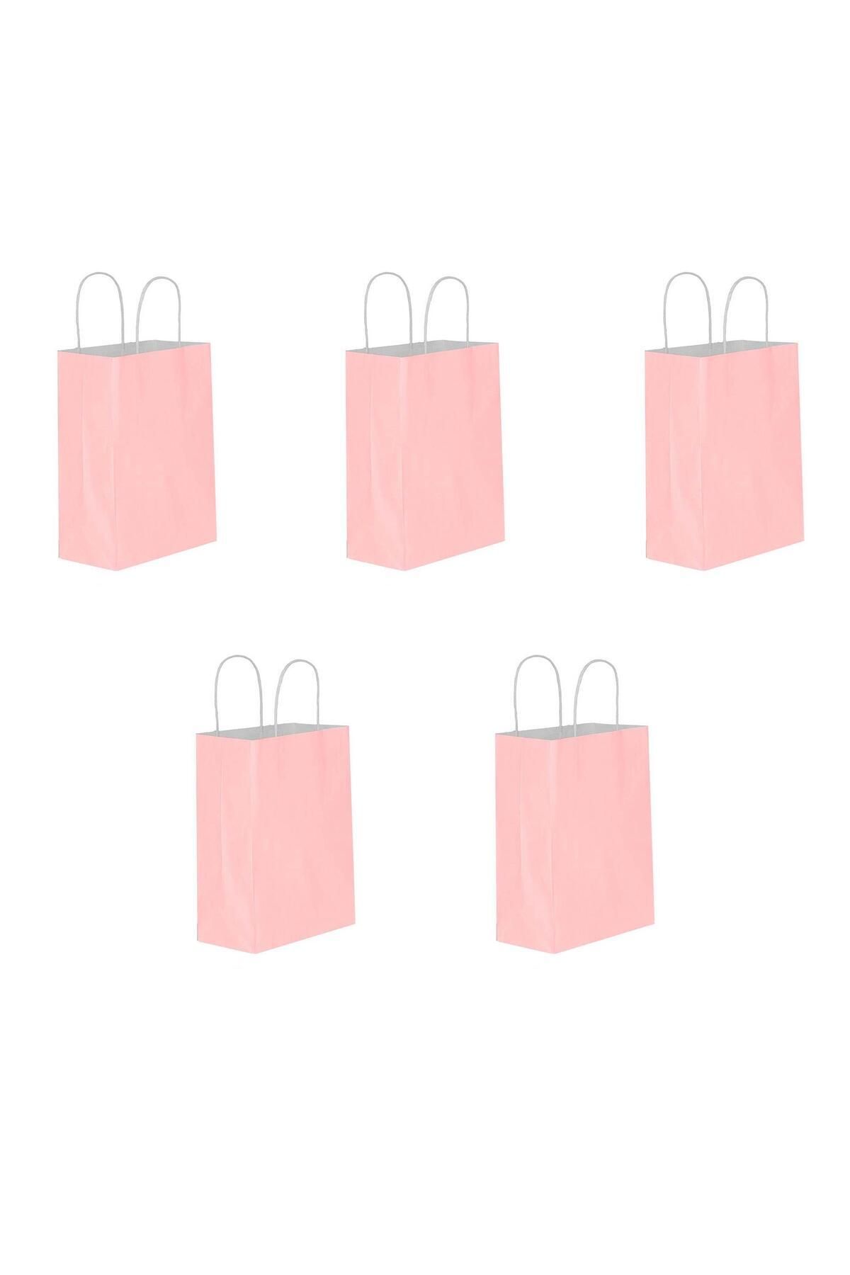 Mikasso Büküm Saplı Kraft Kağıt Karton Hediyelik Çanta Poşet Torba - Pembe - 25x31 Cm. - 5 Adetlik 1 Paket P
