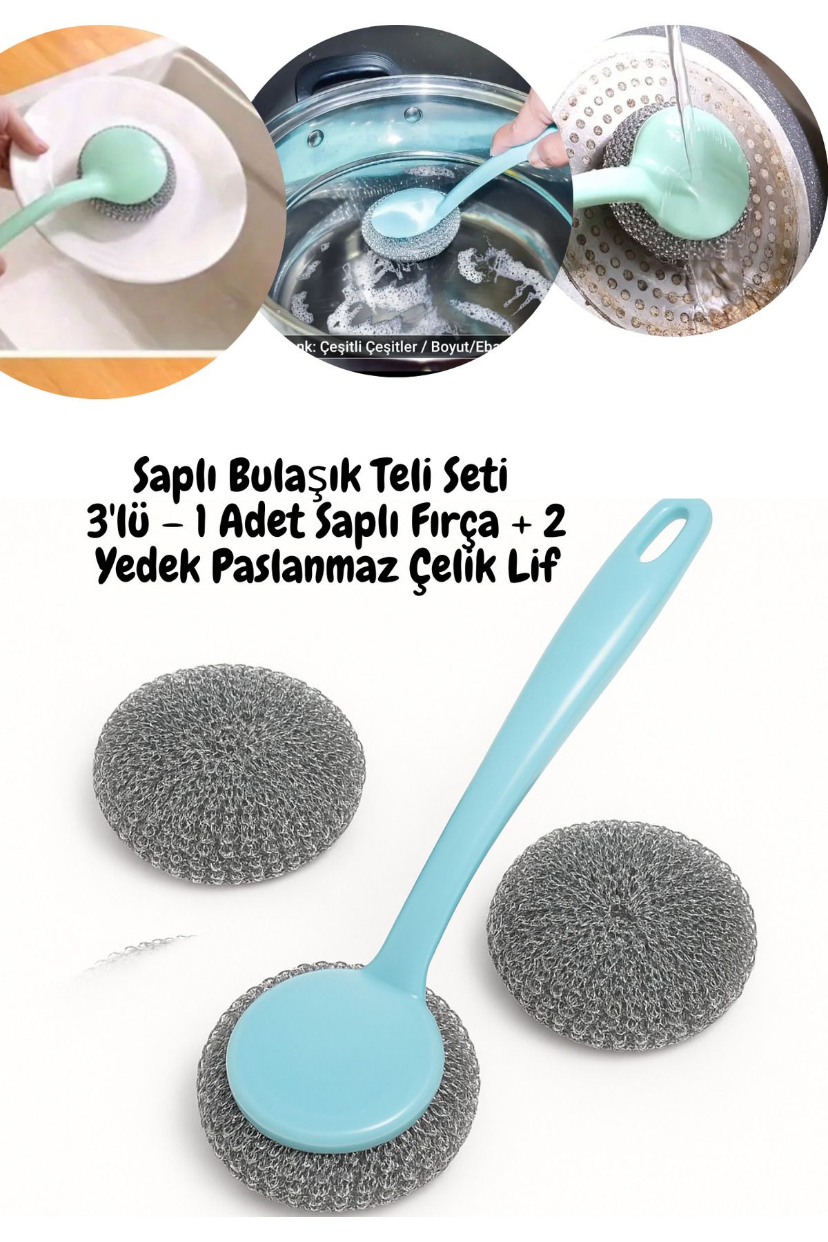 BRE HOME Saplı Bulaşık Teli Seti 3'lü – 1 Adet Saplı Fırça + 2 Yedek Paslanmaz Çelik Lif