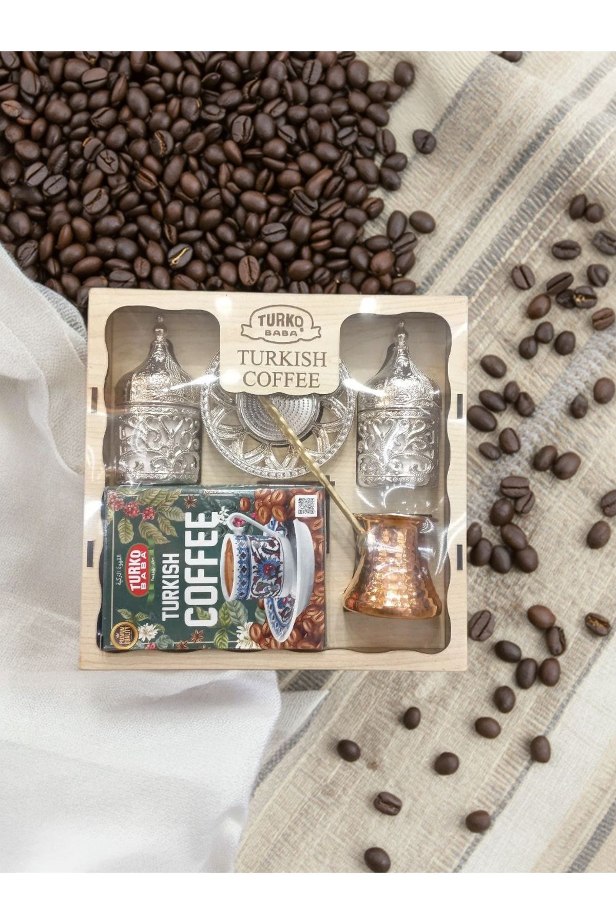 E orient Turko Baba Ahşap Kutulu, Iki Fincanlı, Tek Kişilik Cezveli, Türk Kahvesi Seti Yeni Porselen Bardaklı