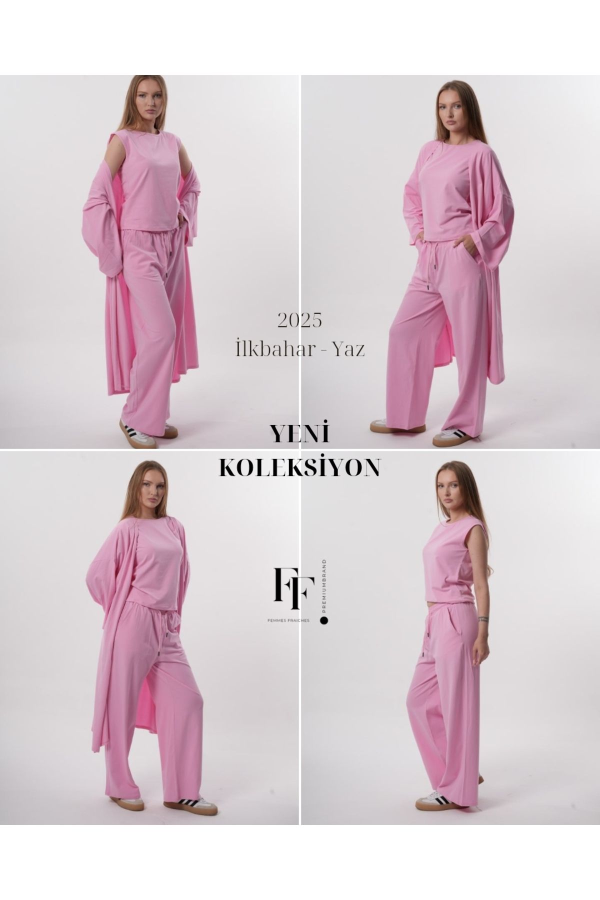 femmes fraiches Femmes Luna Pembe Set ( Jogger Pantolon + Sıfır Kol T-shirt + Midi Kimono )